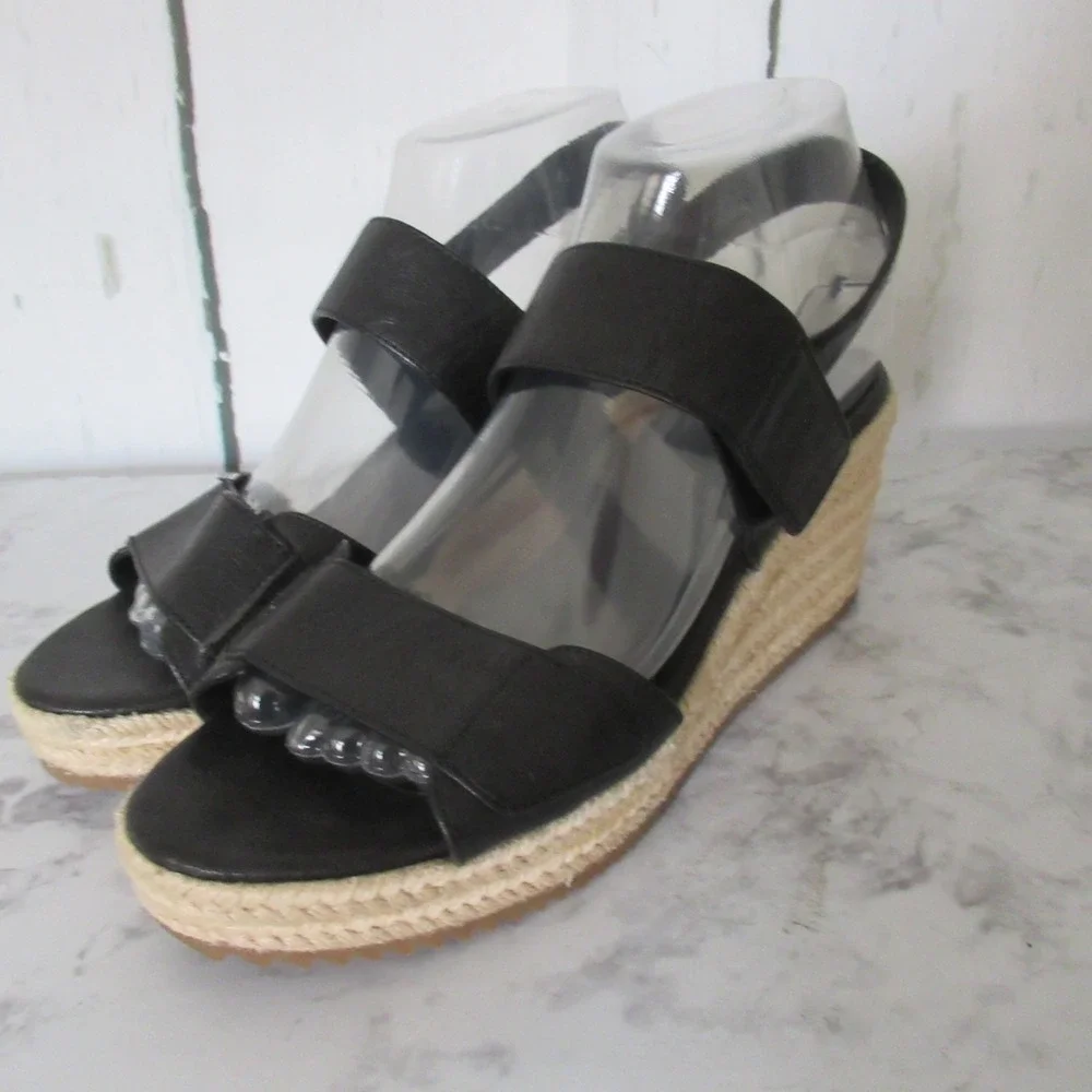 Eileen Fisher Sandals 8.5 Black Leather Wedge Espadrille Adjustable Ankle Strap